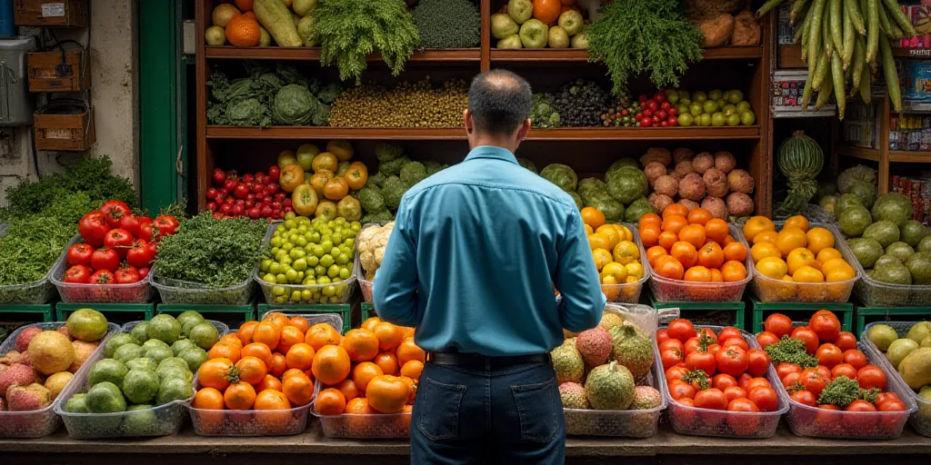 a man standing in front of a display of vegetables and fruits in plastic containers on a table in a