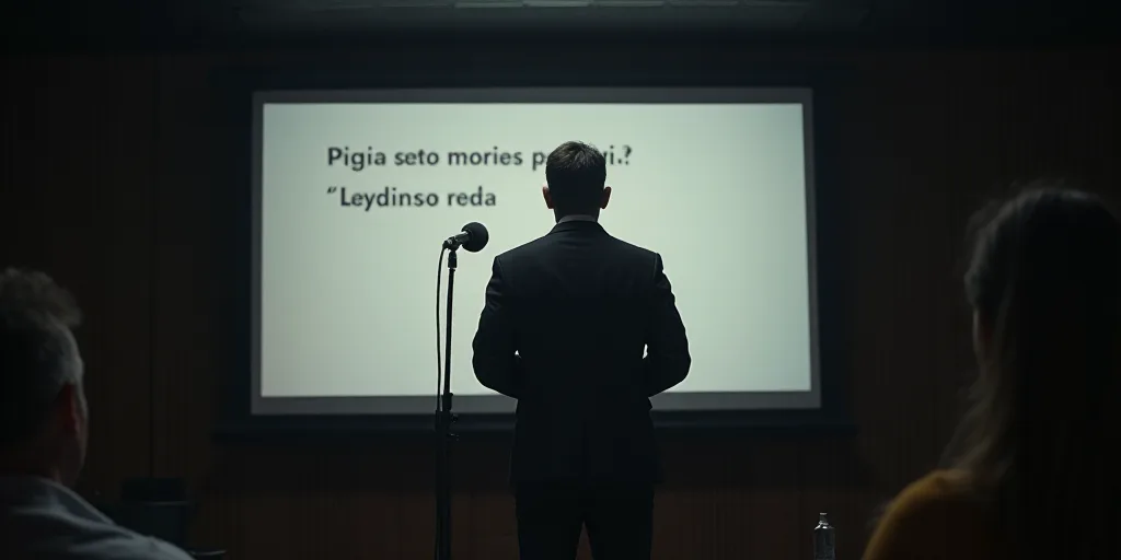 a man standing in front of a microphone in front of a screen with a question on it in spanish, Agust