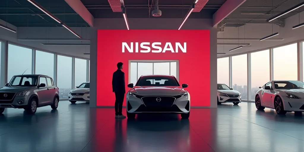 a man standing in front of a nissan sign in a showroom with a car parked in front of it, Ai-Mitsu, p