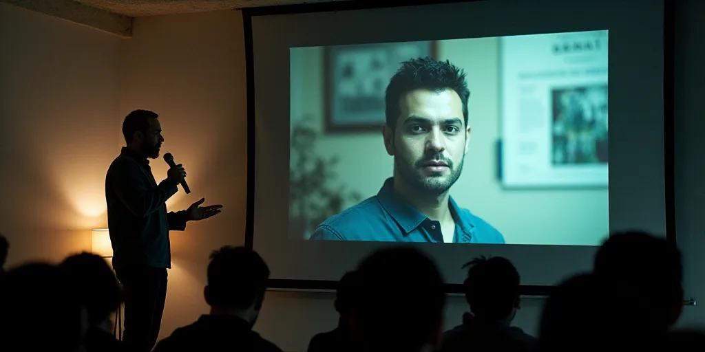a man standing in front of a projection screen with a microphone in his hand and a screen with a pic