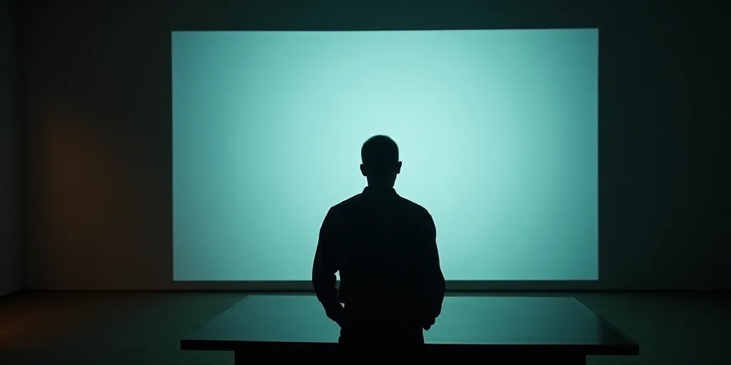a man standing in front of a projection screen in a room with a projector screen behind him and a pr