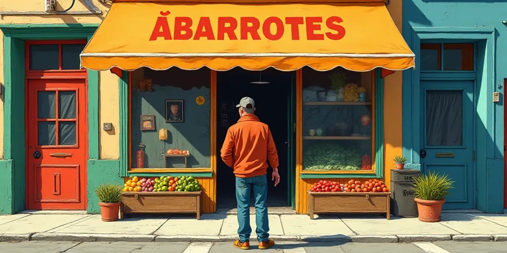 a man standing in front of a store with a sign above him that says abarrotes on it, Enrique Tábara,