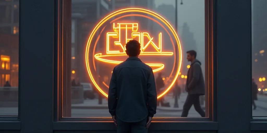 a man standing in front of a window with a logo on it and a building in the background with a man wa