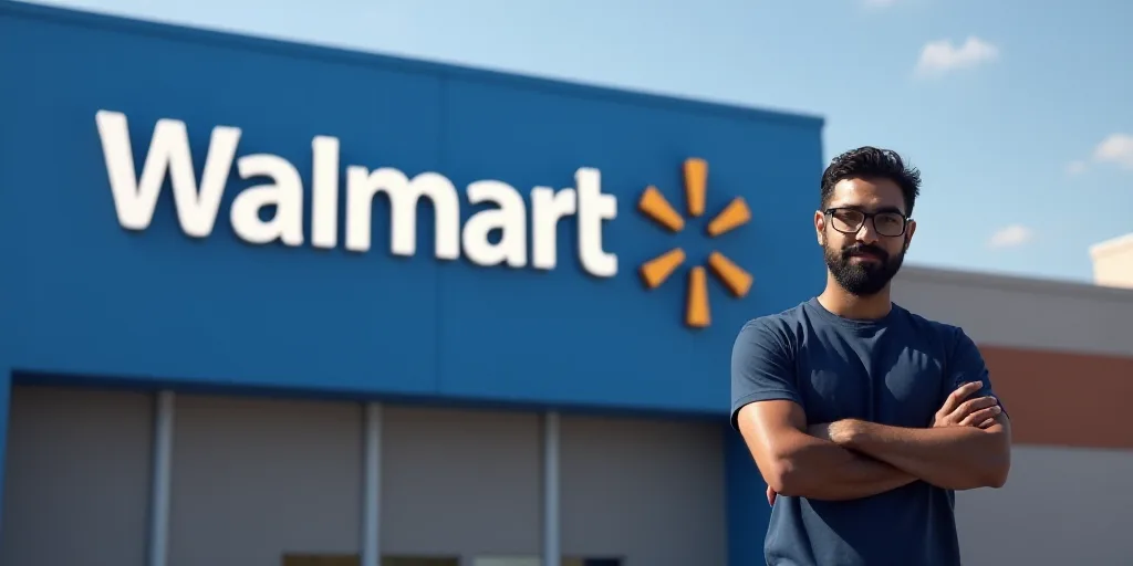 a man standing in front of a walmart sign with his arms crossed and his arms crossed, with his arms