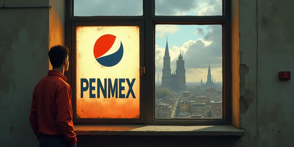 a man standing in front of a window with a penmex logo on it and a building in the background, Féli