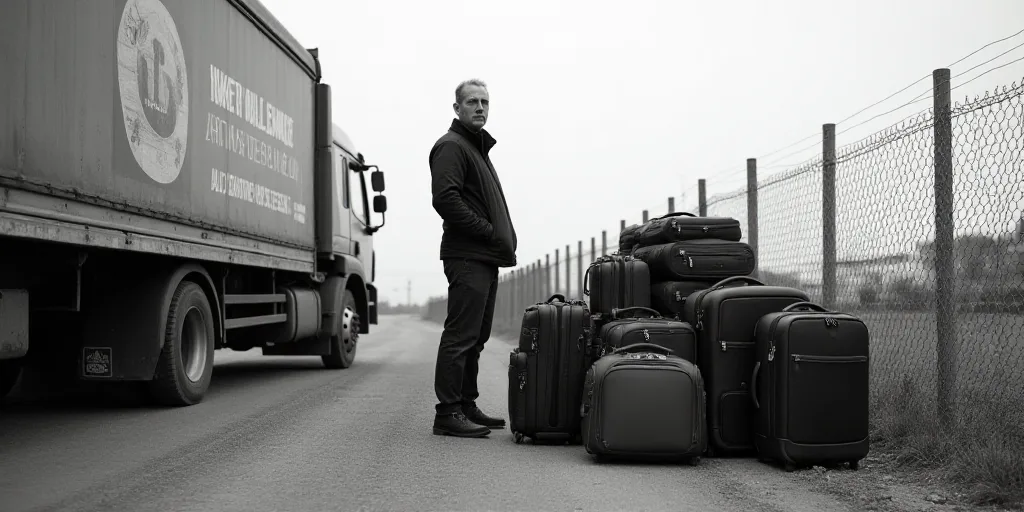 a man standing next to a bunch of luggage bags near a fence and a truck with a sign on it, Fikret Mu