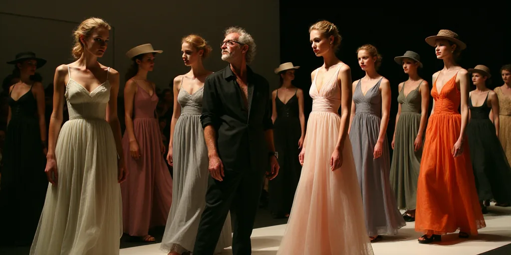 a man standing next to a group of women in dresses and hats on a runway with a man in a black shirt,
