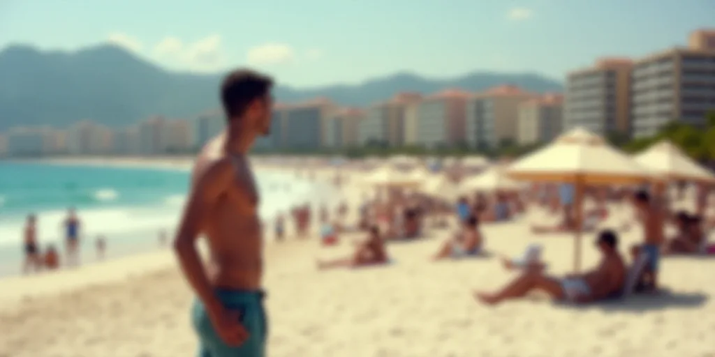 a man standing on a beach next to a crowd of people under umbrellas and chairs with buildings in the