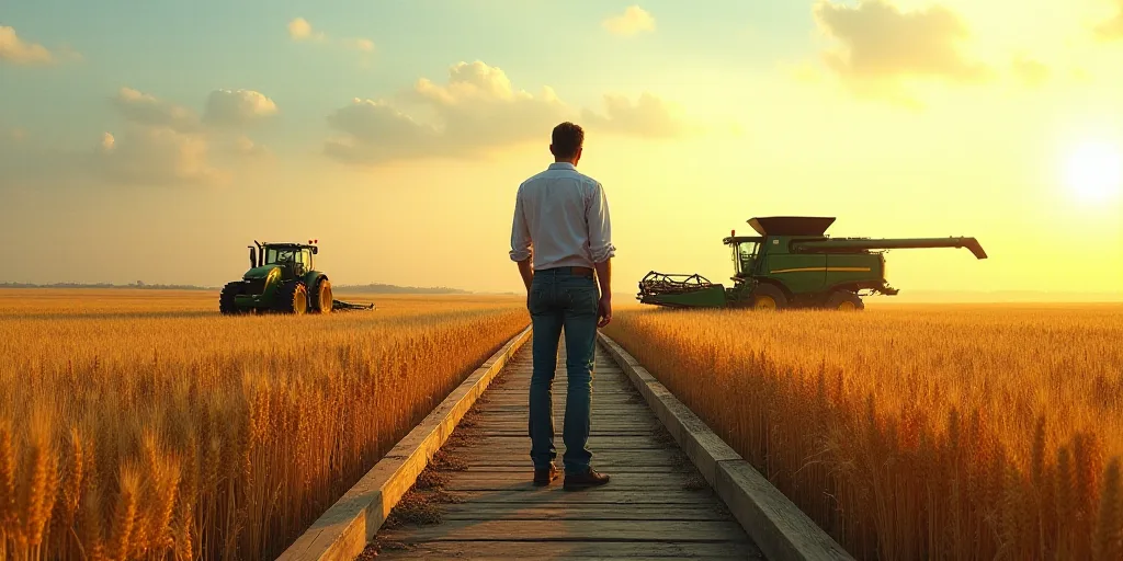 a man standing on a bridge over a field of grain next to a tractor and a combine truck in the distan