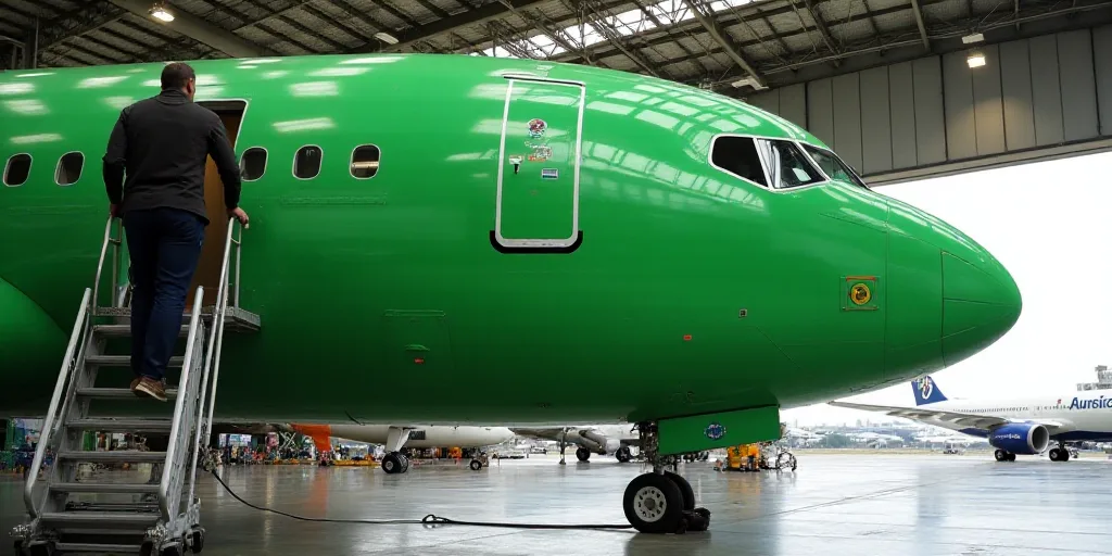a man standing on a ladder next to a green airplane in a hangar with other planes in the background,