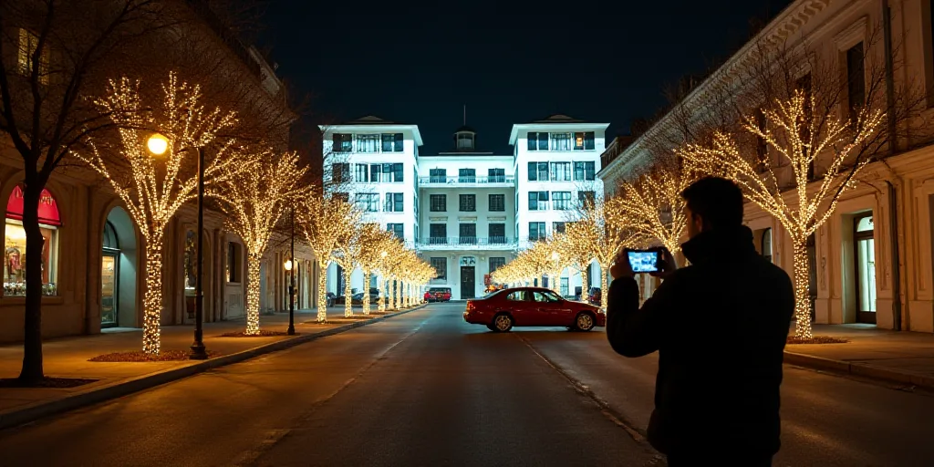a man taking a picture of a street with a car and a building in the background with christmas lights