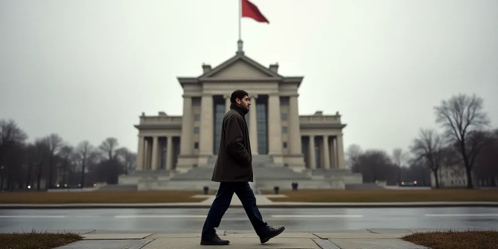 a man walking down a sidewalk past a tall building with a flag on top of it's roof, Andrei Rublev, s