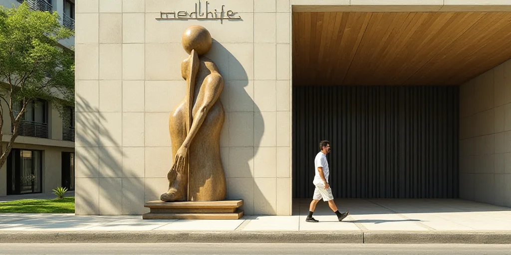 a man walking down a sidewalk next to a tall building with a sign on it that says medlife, Carlos Fr