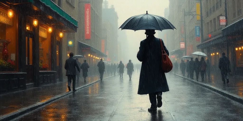 a man walking down a street holding an umbrella in the rain with a bag on his shoulder and a bag on