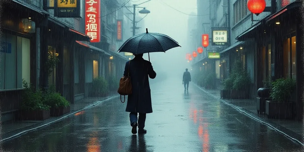 a man walking down a street holding an umbrella in the rain with a bag on his shoulder and a bag on