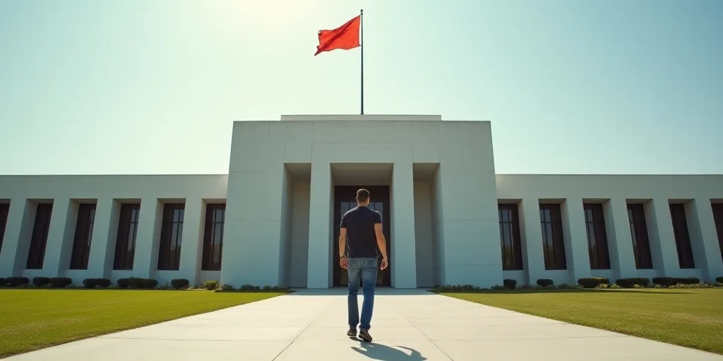 a man walking in front of a building with a flag on top of it and a flag on top of it, Darrell Riche
