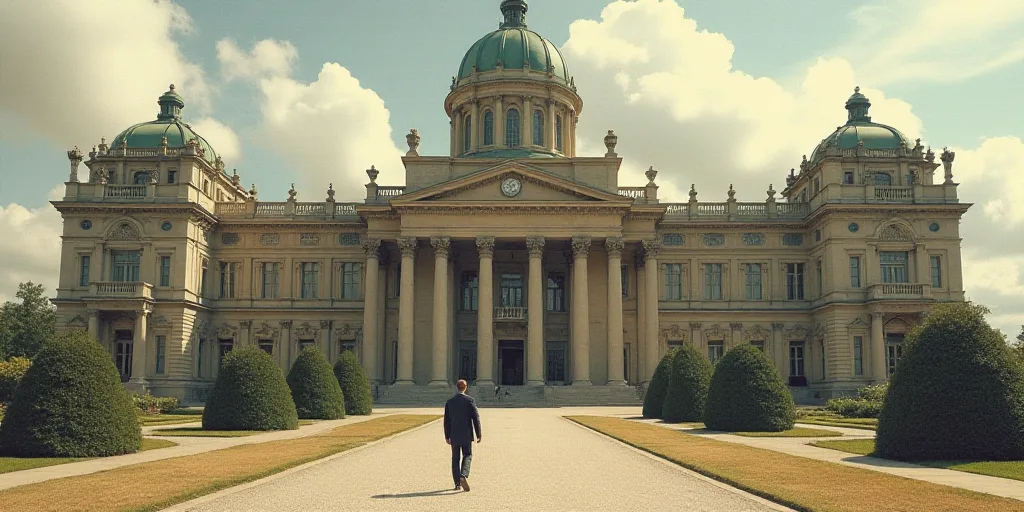 a man walking in front of a large building with many windows and a clock on the front of it, Félix