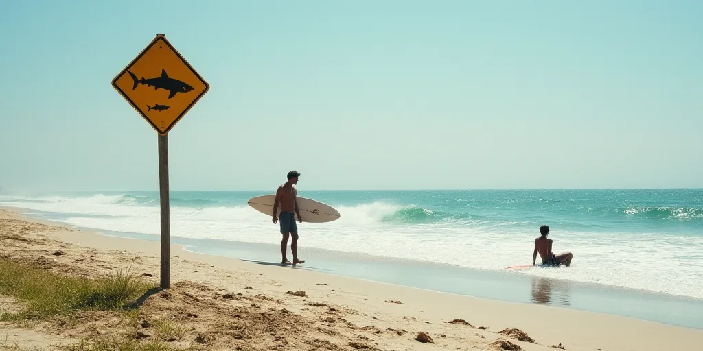 a man walking on the beach next to a sign warning of shark sightings and a man sitting on a surfboar
