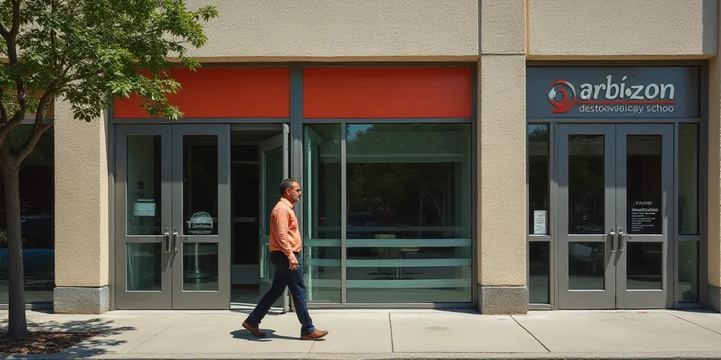 a man walking past a building with a sign on it's side and a man walking past it, Carlos Trillo Name