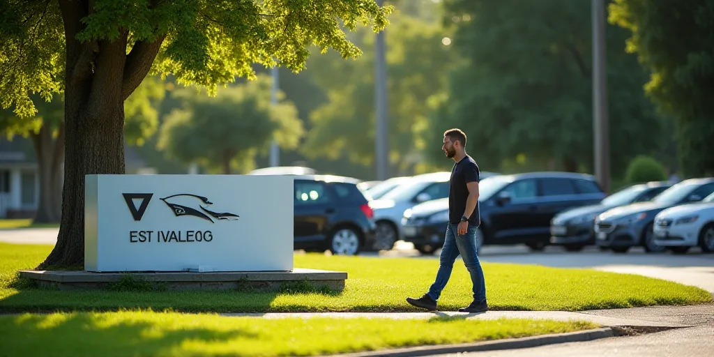 a man walking past a sign for a company in a park area with cars parked in the background and a tree