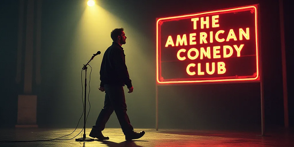 a man walking past a sign with a microphone in his hand and a sign with the words the american comed