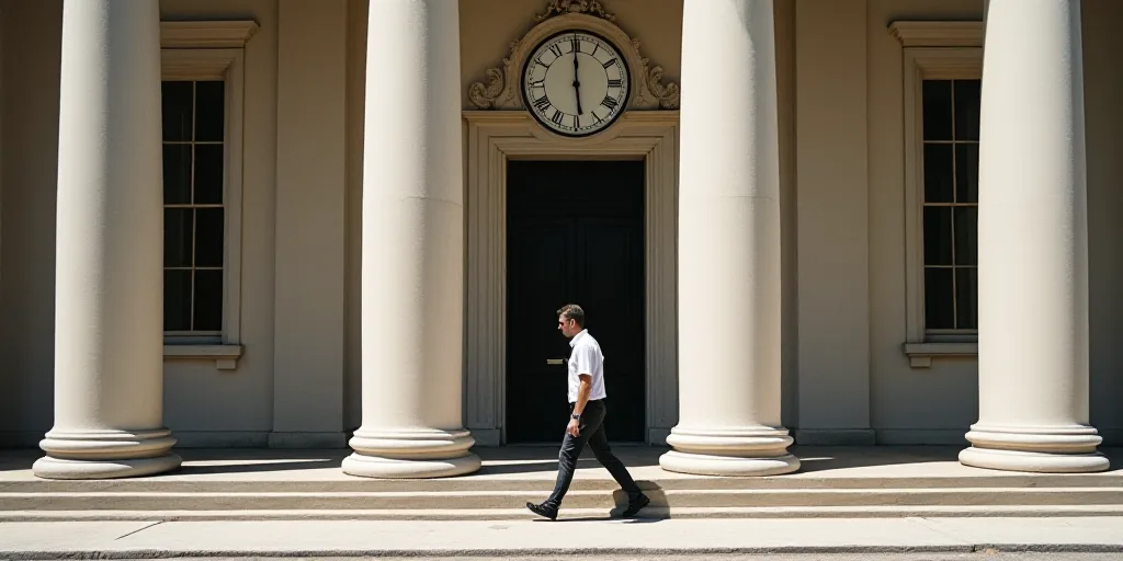 a man walking past a tall building with columns on it's sides and a clock on the front of the buildi