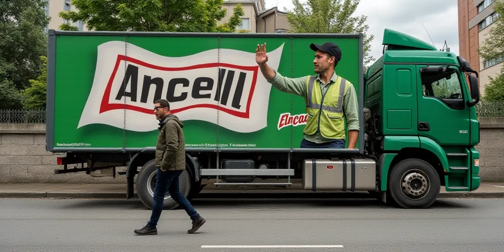 a man walking past a wall with a flag on it and a truck in the background with a man in a green vest