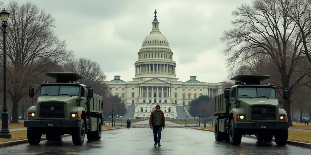 a man walking past two military vehicles in front of the capitol building in washington, dc, on a cl