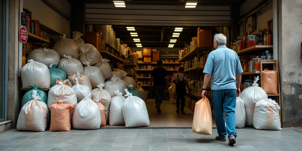 a man walking through a store filled with bags of items and people standing around it in front of a