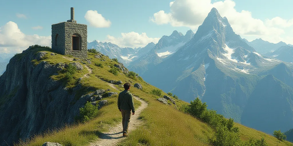 a man walking up a trail next to a mountain range with a stone structure on top of it and a mountain