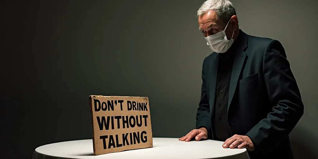 a man wearing a face mask standing next to a table with a sign on it that says, don't drink without