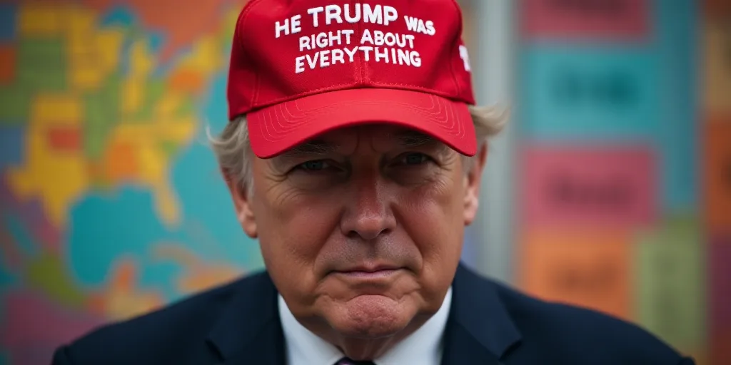 a man wearing a red hat with a message on it saying trump was right about everything in front of a c