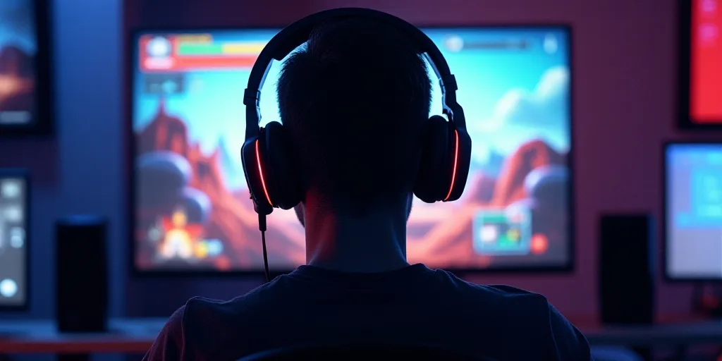 a man wearing headphones and a headset in front of a television screen with a video game on it, Avgu