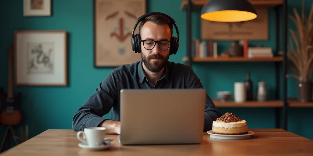 a man wearing headphones sitting at a table with a laptop and cake on it, with a cup of coffee in fr
