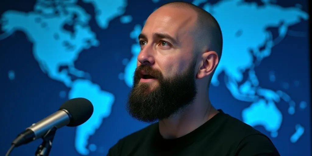 a man with a beard and a black shirt is speaking into a microphone and a blue background with a map