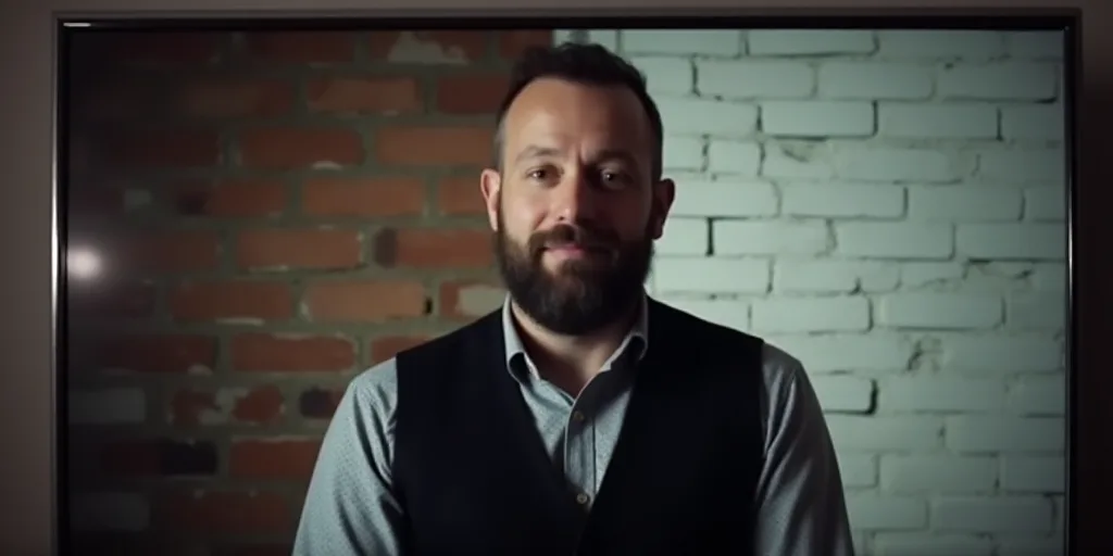 a man with a beard and a black vest on a television screen with a brick wall behind him and a white