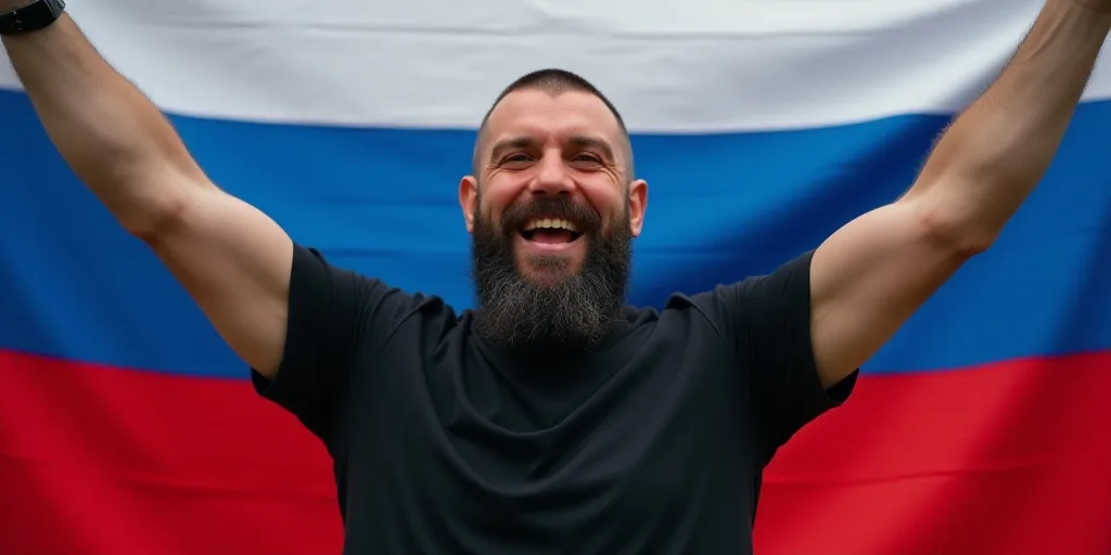 a man with a beard and a black shirt is holding his hands up in the air and a flag behind him, Alexe