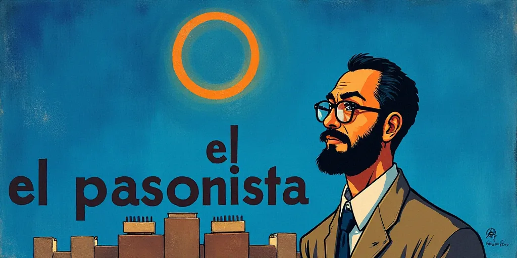 a man with a beard and glasses standing in front of a blue background with the words, el pasonista,