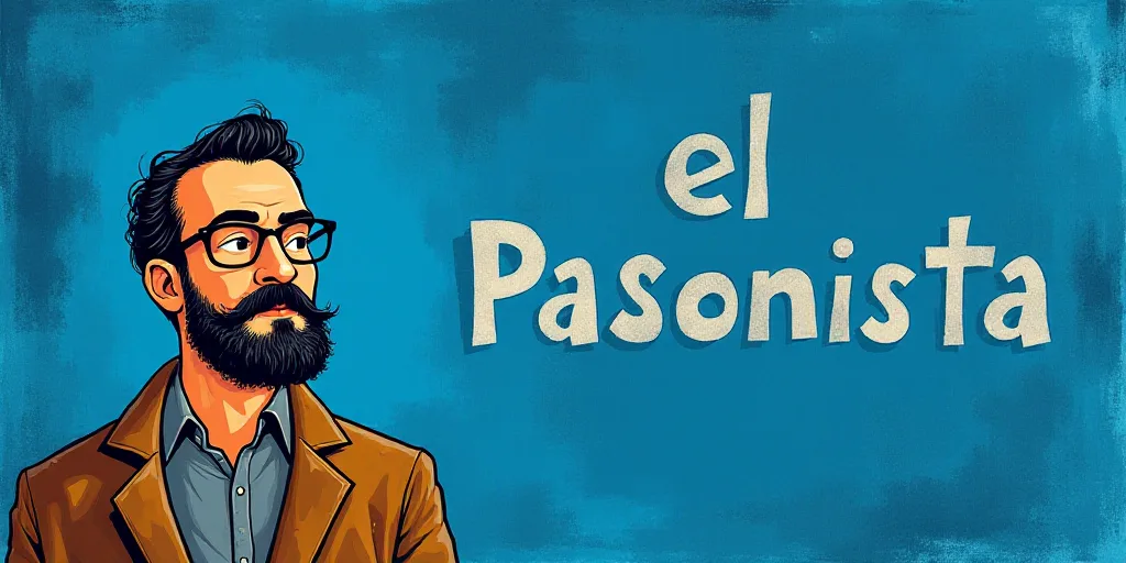 a man with a beard and glasses standing in front of a blue background with the words, el pasonista,
