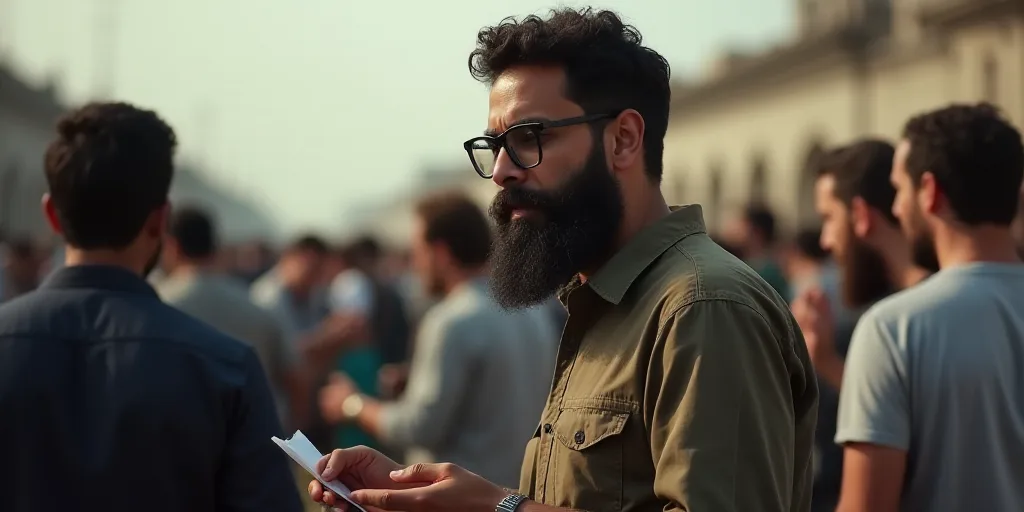 a man with a beard and glasses looking at something in his hand while standing next to other people
