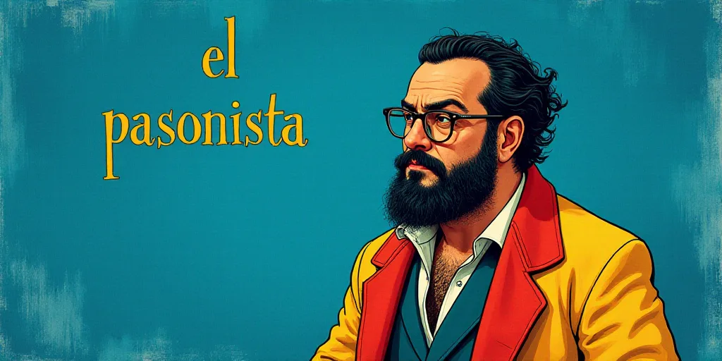 a man with a beard and glasses standing in front of a blue background with the words, el pasonista,