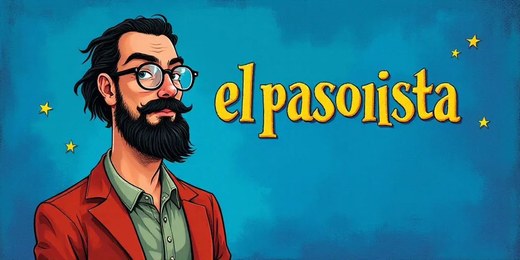 a man with a beard and glasses standing in front of a blue background with the words, el pasonista,