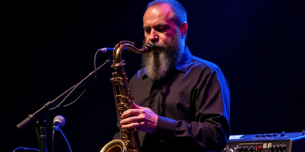 a man with a beard playing a saxophone on stage with a microphone and keyboard behind him and a keyb