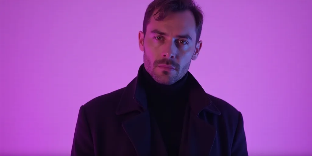 a man with a black jacket and a purple background with a purple background and a purple background w