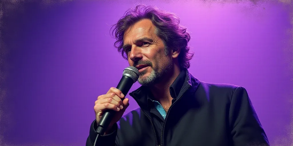 a man with a black jacket and a microphone in his hand and a purple background behind him and a purp