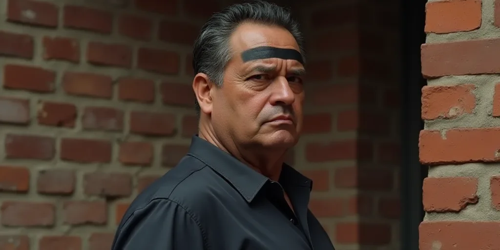 a man with a black strip on his forehead and a black strip on his forehead, with a brick wall behind