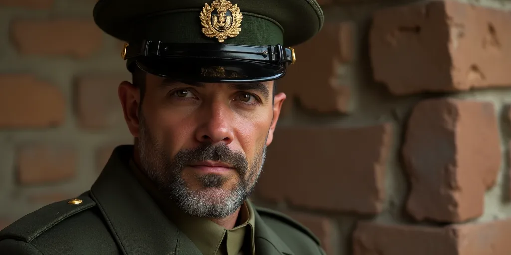 a man with a black strip on his forehead and a soldier's uniform on his head and a brick wall behind