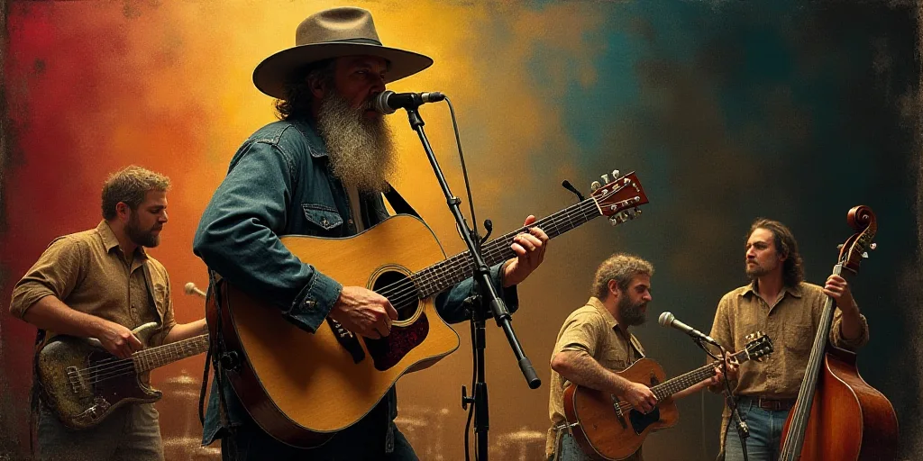 a man with a hat and a guitar on stage with other instruments in the background and a microphone in