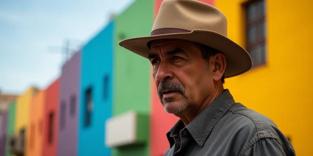 a man with a hat on his head looking off to the side with a colorful background behind him and a rai