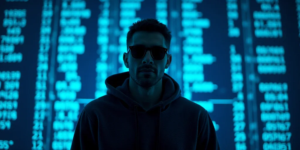 a man with a hoodie and sunglasses on in front of a computer screen with numbers on it and a blue ba